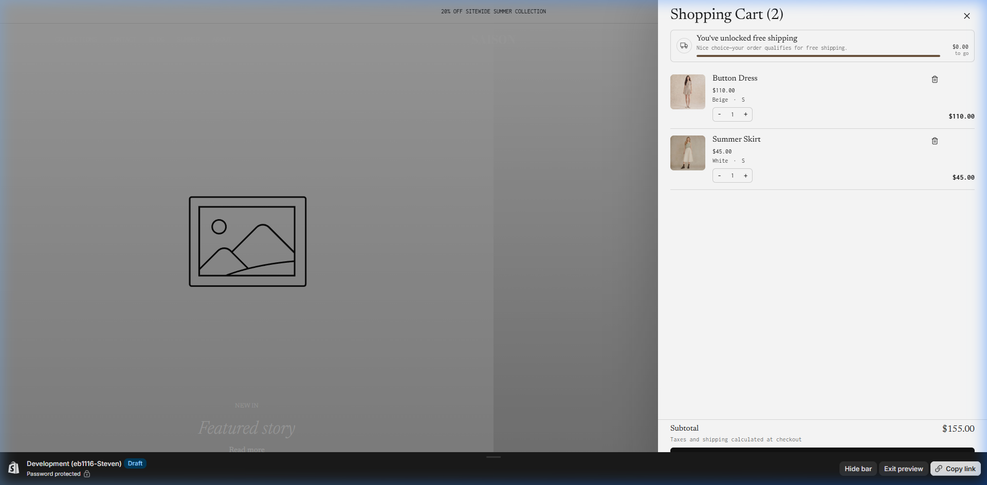 SAISON cart drawer with products and checkout controls