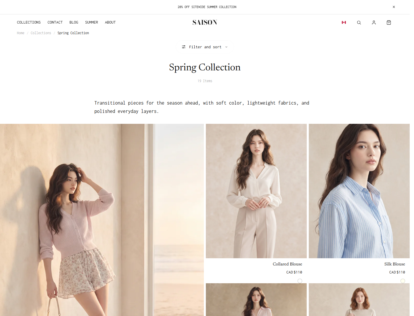 SAISON collection page with product cards and filters