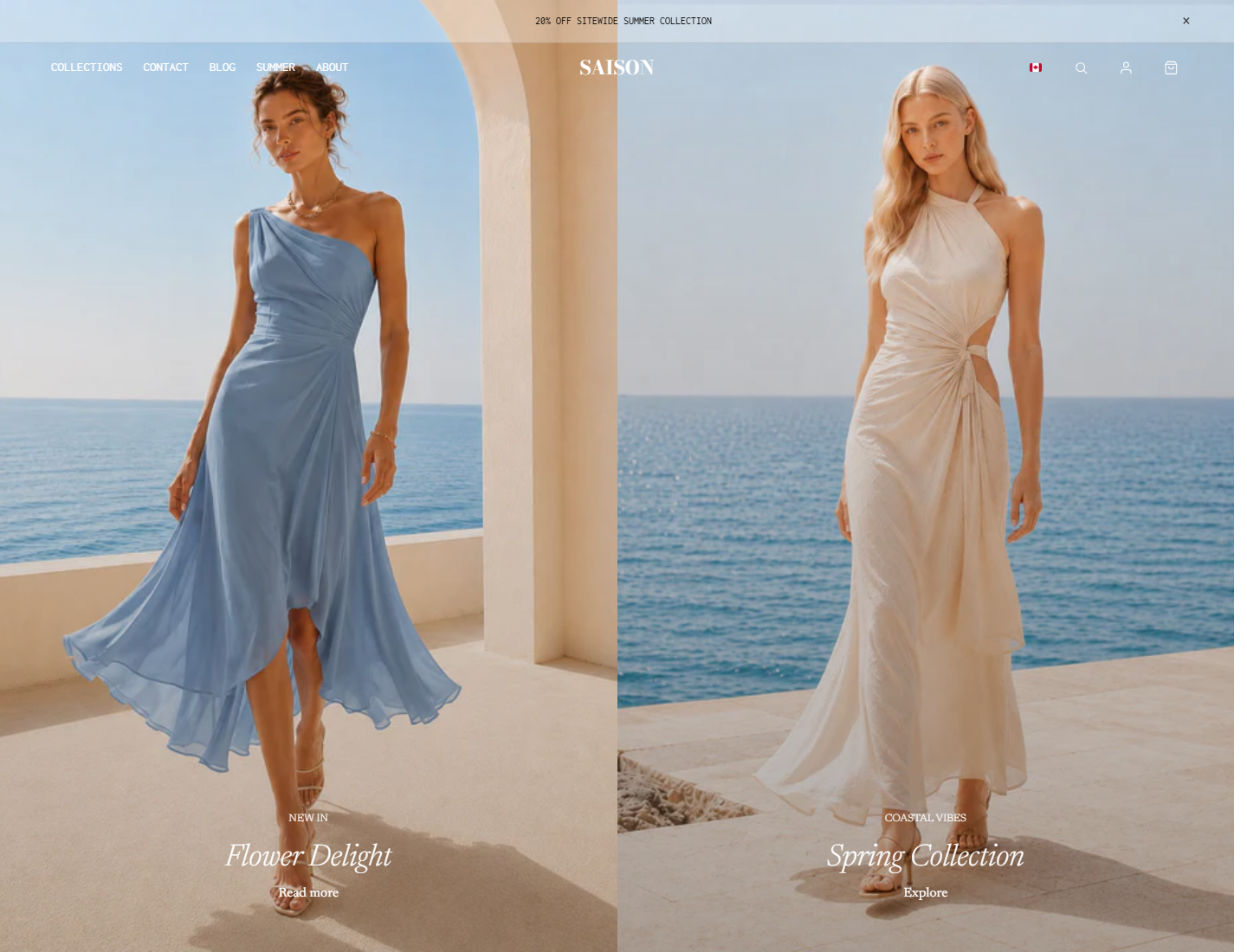 SAISON homepage split hero with two large editorial image panels