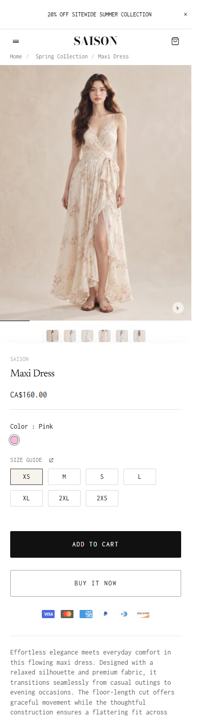 SAISON mobile product page with gallery and buying controls