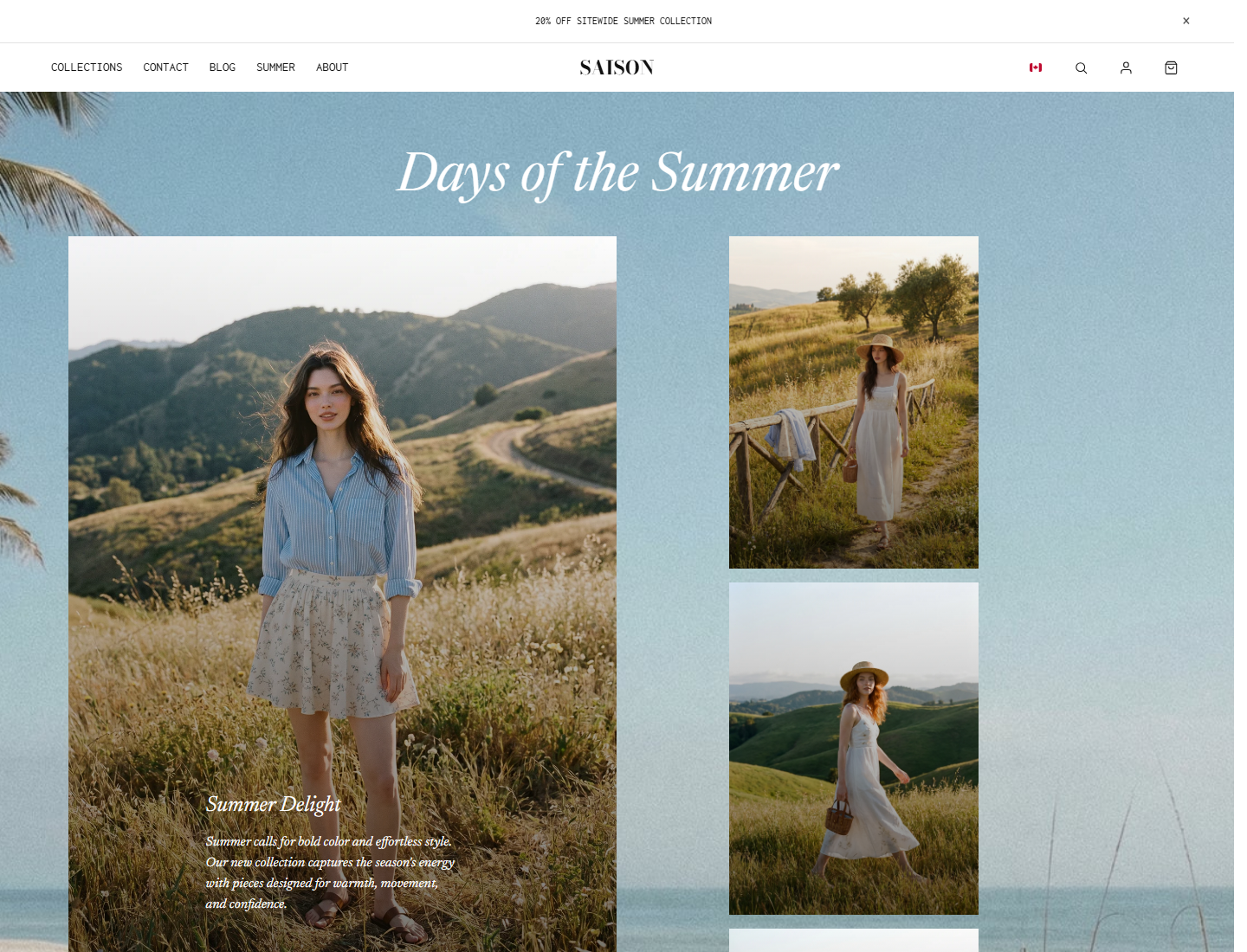 SAISON summer campaign page with large mosaic image layout