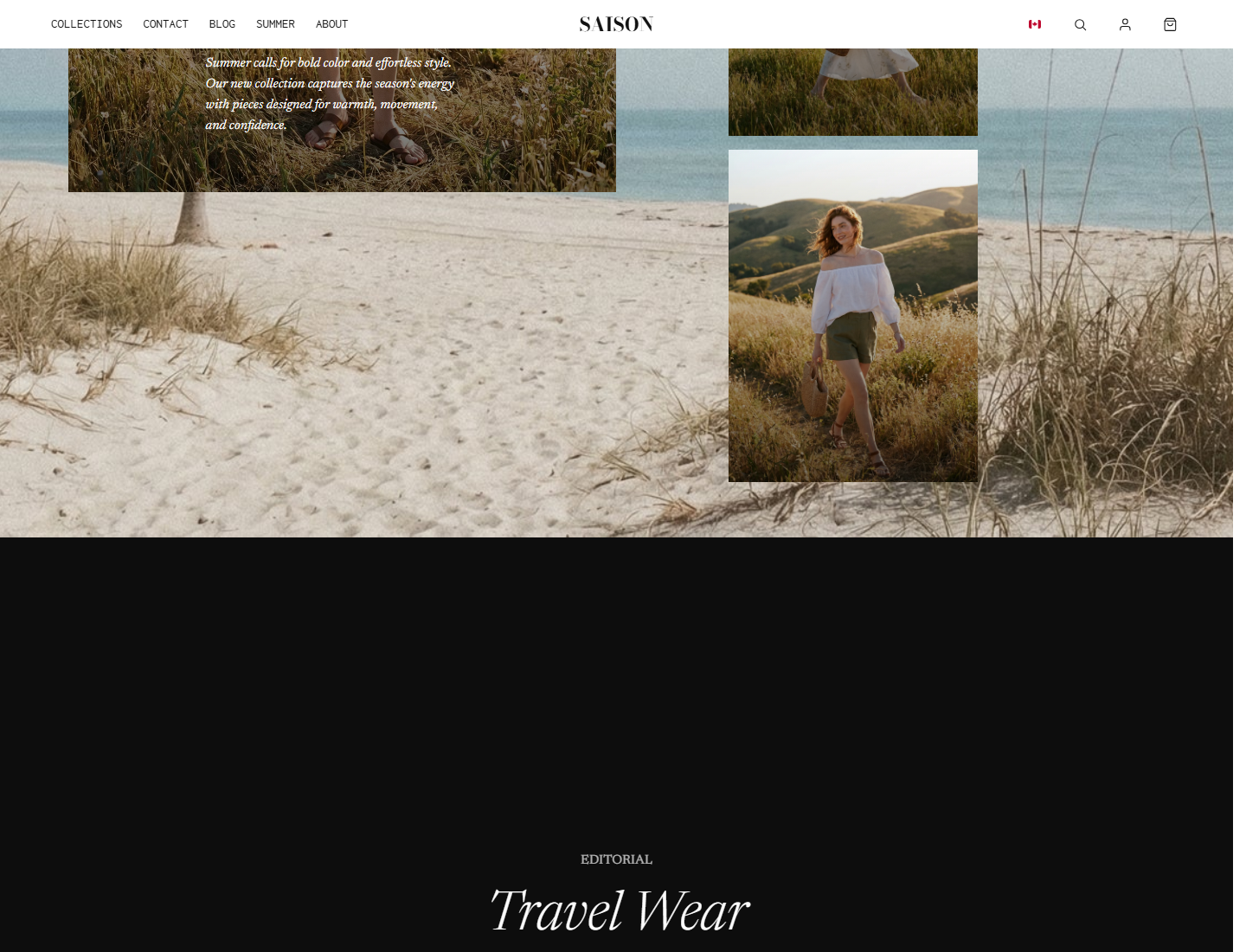 SAISON summer campaign page scrolled to an editorial sticky story section